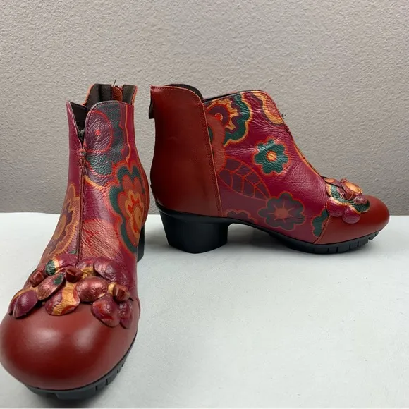 Leather Hand-painted Ankle Boots Red Burgundy Floral Arsrty Boho Size 7.5