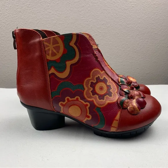 Leather Hand-painted Ankle Boots Red Burgundy Floral Arsrty Boho Size 7.5
