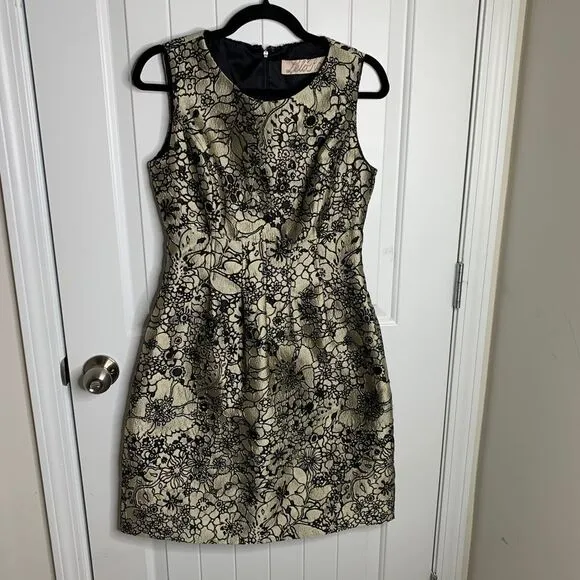 Lela Rose Gold Black Floral Brocade Cocktail Party Dress Size 6 quiet luxury