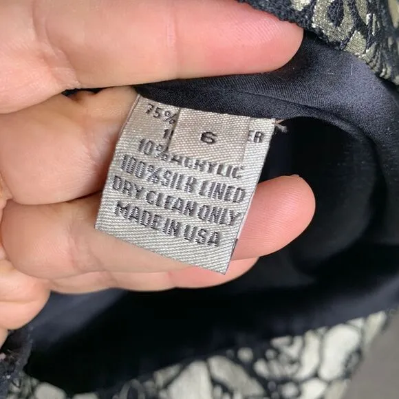 Lela Rose Gold Black Floral Brocade Cocktail Party Dress Size 6 quiet luxury