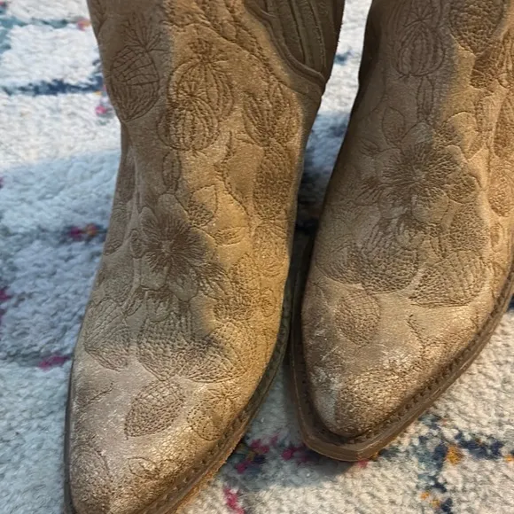 Liberty Black Floral Embroidered Tan Ankle Boots