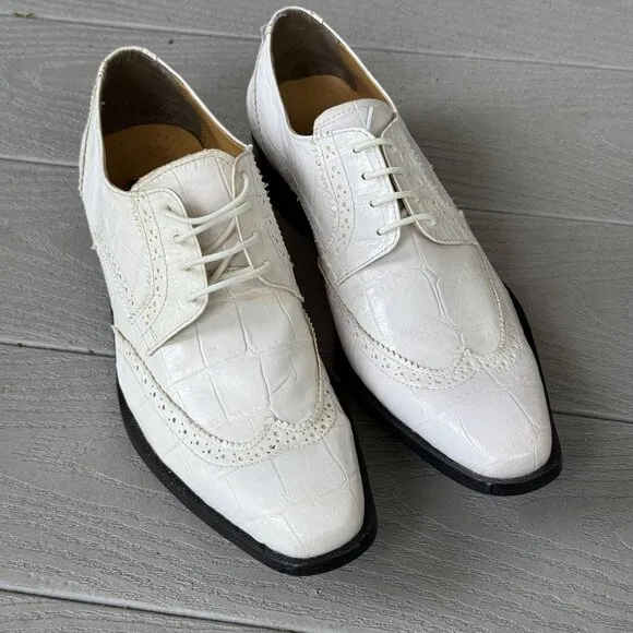 Liberty LS-747 White Crocodile Embossed Vegan Leather Oxford Wingtip Shoes 8.5