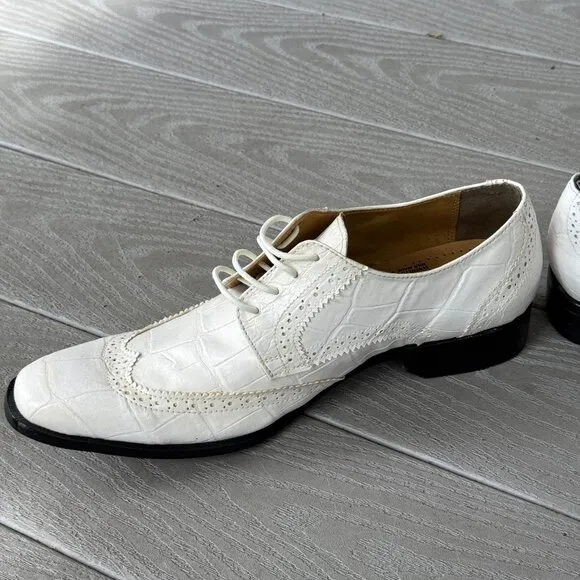 Liberty LS-747 White Crocodile Embossed Vegan Leather Oxford Wingtip Shoes 8.5