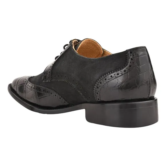 LIBERTYZENO Mens Black Genuine Leather Croco/Suede Printed Oxford Dress Shoes