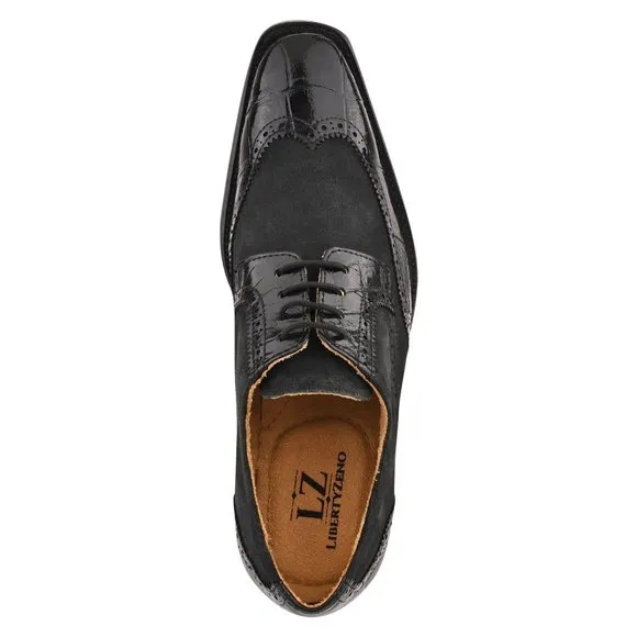 LIBERTYZENO Mens Black Genuine Leather Croco/Suede Printed Oxford Dress Shoes
