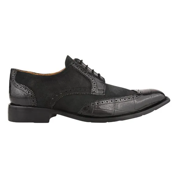 LIBERTYZENO Mens Black Genuine Leather Croco/Suede Printed Oxford Dress Shoes
