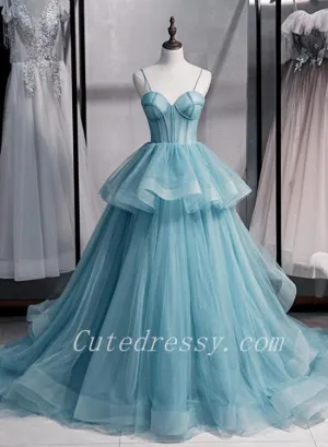 Light Blue Sweetheart Layers Tulle Long Evening Gowns, Blue Wedding Party Dresses