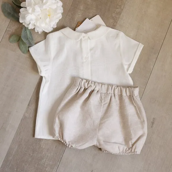 Linen Baby Boy Dressy Short Set Boutique Ivory Flax/Khaki Portrait Vacation NWT