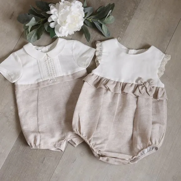 Linen Baby Boy Dressy Short Set Boutique Ivory Flax/Khaki Portrait Vacation NWT
