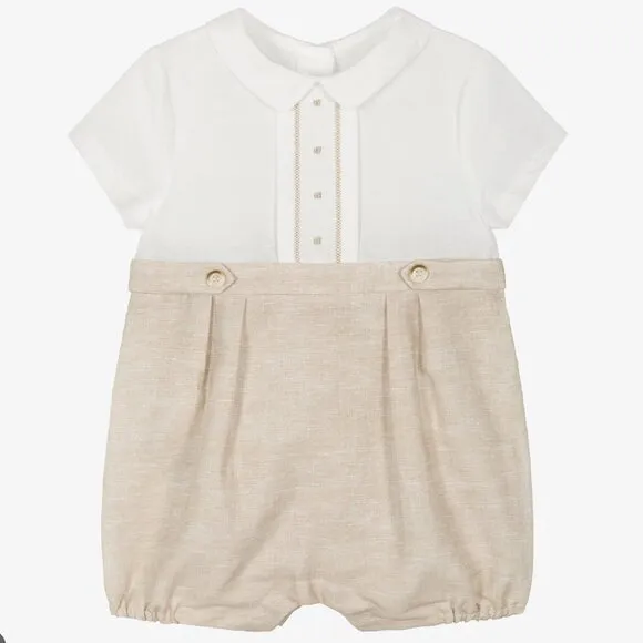 Linen Baby Boy Dressy Short Set Boutique Ivory Flax/Khaki Portrait Vacation NWT