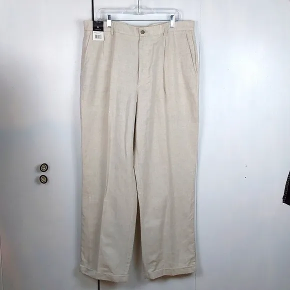 Liz Claiborne Mens Cream LINEN Trouser Pants Neutral Preppy Luxe Sz.38x32