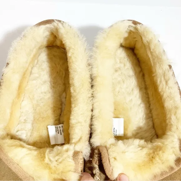 L.L Bean Men's Wicked Good Slippers Suede Shearling Lined Tan Brown Fur Size13