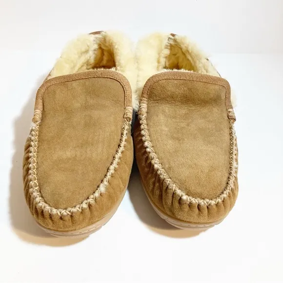 L.L Bean Men's Wicked Good Slippers Suede Shearling Lined Tan Brown Fur Size13
