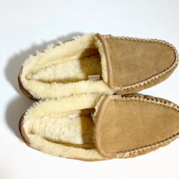 L.L Bean Men's Wicked Good Slippers Suede Shearling Lined Tan Brown Fur Size13