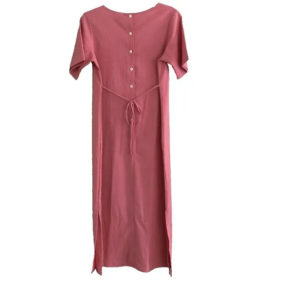 LL Bean Seersucker Midi Dress Womens 10 Modest Minimalist Mauve Button Tie Back