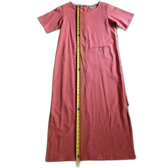 LL Bean Seersucker Midi Dress Womens 10 Modest Minimalist Mauve Button Tie Back