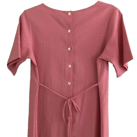 LL Bean Seersucker Midi Dress Womens 10 Modest Minimalist Mauve Button Tie Back