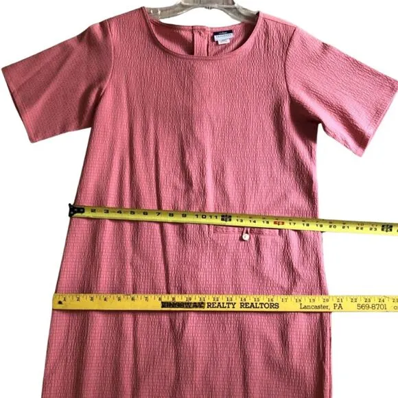 LL Bean Seersucker Midi Dress Womens 10 Modest Minimalist Mauve Button Tie Back