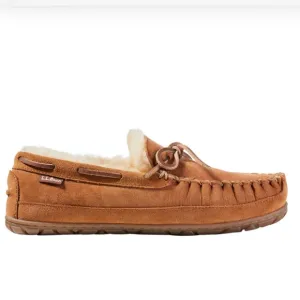 L.L. Bean Wicked Good Leather &amp; Lambs Fur Tan Moccasin Slippers, Size 9W