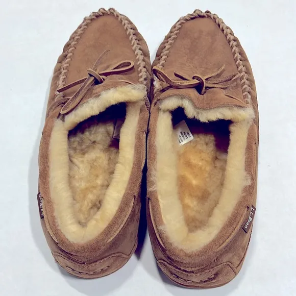 LL Bean Wicked Good Moccasins Men’s 12 Wide Australian Fur ⭐️ Best Slippers!