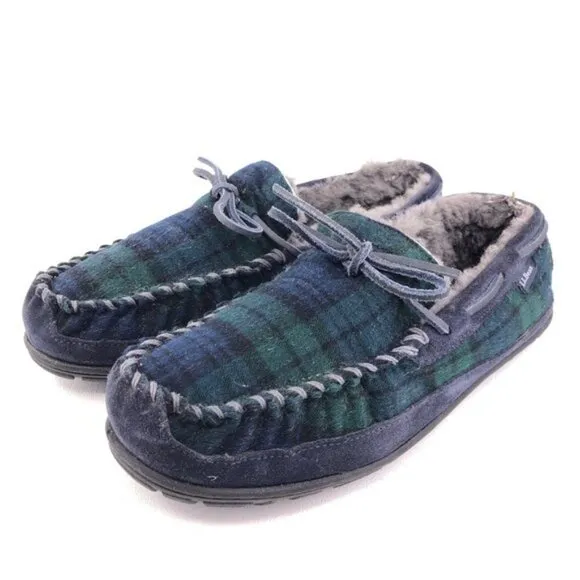 L.L. Bean Wicked Good Plaid Flannel Moccasin Slippers 10M