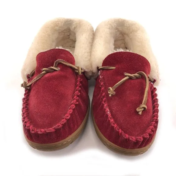 L.L. Bean Wicked Good Red Leather Winter Moccasin Slippers 9M