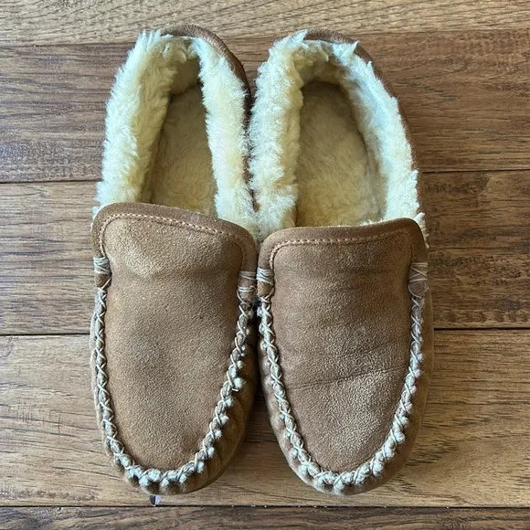 LL Bean Wicked Good Slippers Venetian Brown Suede Shearling Wool Lined Size 7