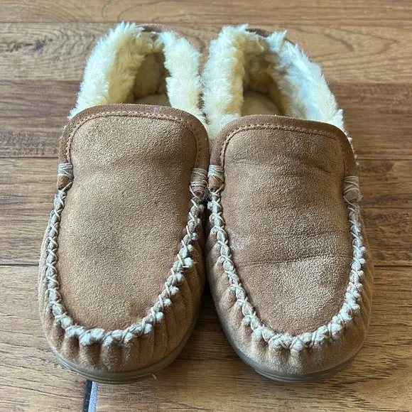 LL Bean Wicked Good Slippers Venetian Brown Suede Shearling Wool Lined Size 7