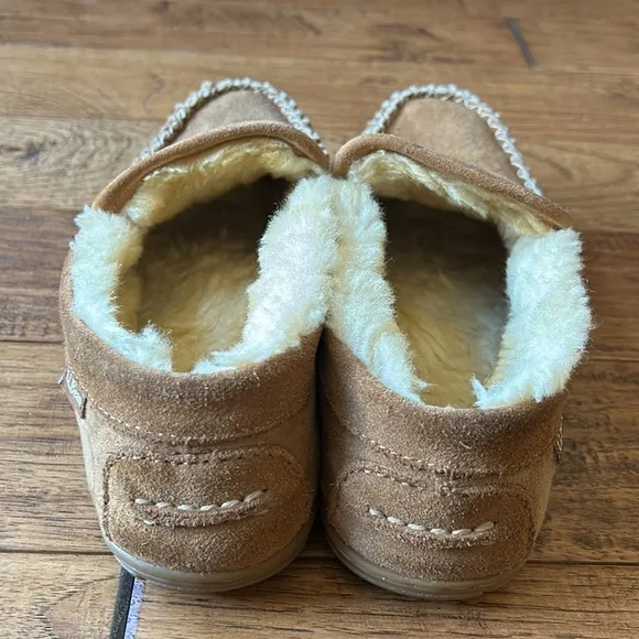 LL Bean Wicked Good Slippers Venetian Brown Suede Shearling Wool Lined Size 7