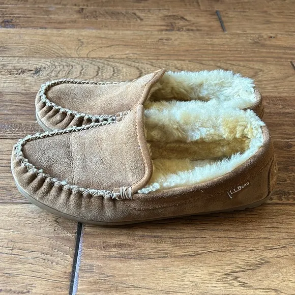LL Bean Wicked Good Slippers Venetian Brown Suede Shearling Wool Lined Size 7
