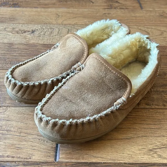 LL Bean Wicked Good Slippers Venetian Brown Suede Shearling Wool Lined Size 7