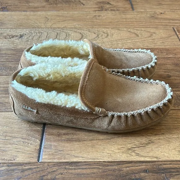 LL Bean Wicked Good Slippers Venetian Brown Suede Shearling Wool Lined Size 7