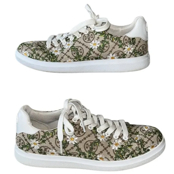 LN Tory Burch Howell Embroidered Daisy Floral Brown Logo Jacquard Sneakers - 7