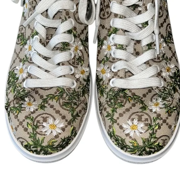 LN Tory Burch Howell Embroidered Daisy Floral Brown Logo Jacquard Sneakers - 7