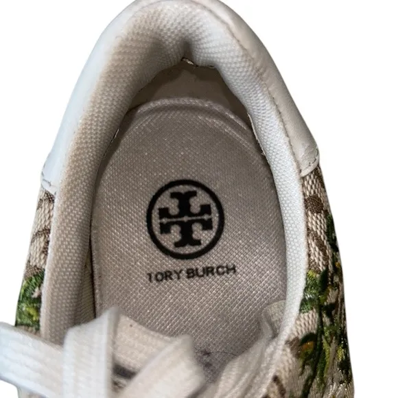 LN Tory Burch Howell Embroidered Daisy Floral Brown Logo Jacquard Sneakers - 7