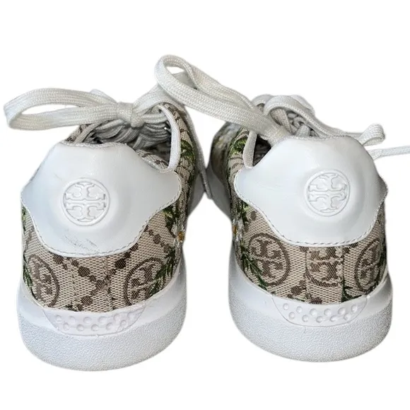 LN Tory Burch Howell Embroidered Daisy Floral Brown Logo Jacquard Sneakers - 7
