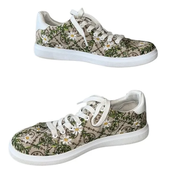 LN Tory Burch Howell Embroidered Daisy Floral Brown Logo Jacquard Sneakers - 7