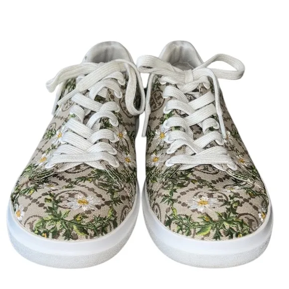 LN Tory Burch Howell Embroidered Daisy Floral Brown Logo Jacquard Sneakers - 7