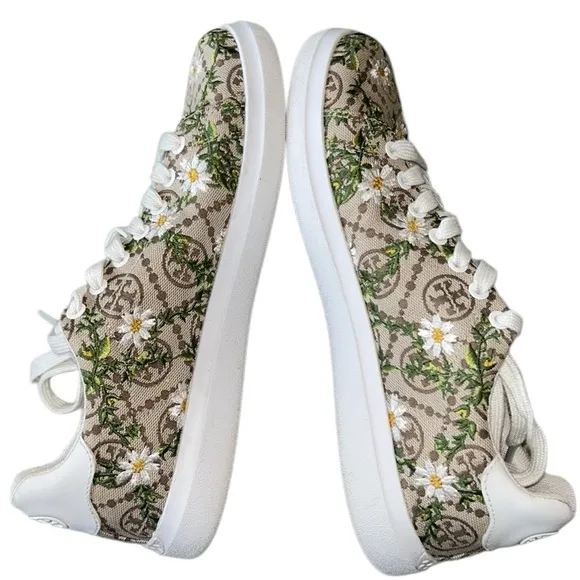 LN Tory Burch Howell Embroidered Daisy Floral Brown Logo Jacquard Sneakers - 7