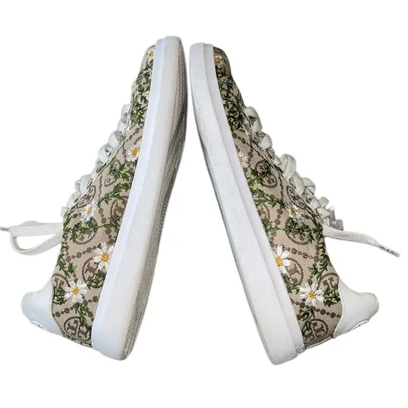 LN Tory Burch Howell Embroidered Daisy Floral Brown Logo Jacquard Sneakers - 7