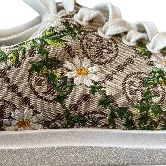 LN Tory Burch Howell Embroidered Daisy Floral Brown Logo Jacquard Sneakers - 7