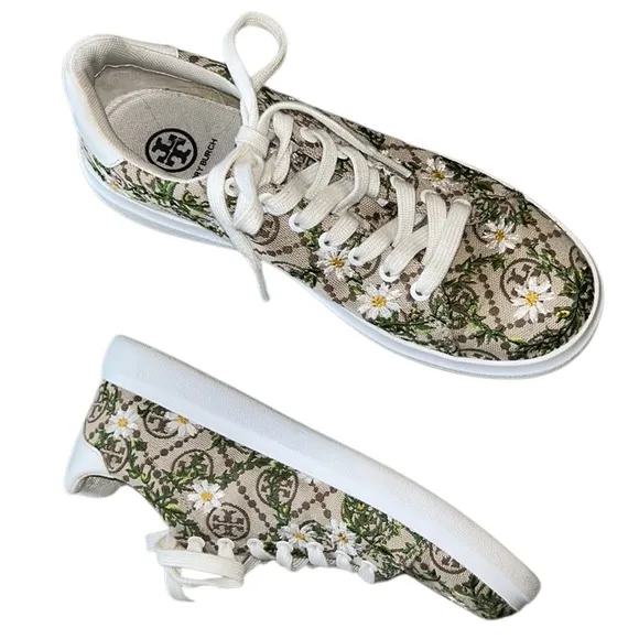 LN Tory Burch Howell Embroidered Daisy Floral Brown Logo Jacquard Sneakers - 7