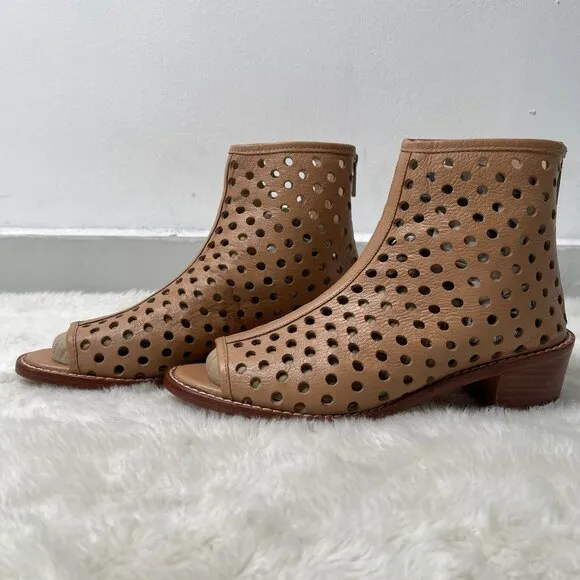 Loeffler Randall Women's Tan Cream Leather Perforated Peep Toe Ankle Boots 6.5