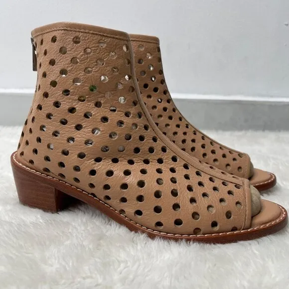 Loeffler Randall Women's Tan Cream Leather Perforated Peep Toe Ankle Boots 6.5