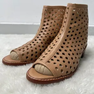 Loeffler Randall Women's Tan Cream Leather Perforated Peep Toe Ankle Boots 6.5