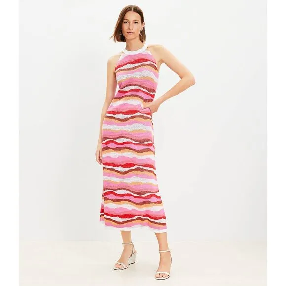Loft Petite M NWT Knit Wavy Textured Halter Maxi Dress Multicolor Striped Luxury