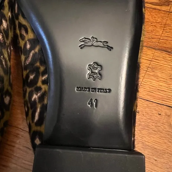 Longchamp Women's leather&amp; ponyhair Leopard Loafer/ Slides RARE - Made in Italy
