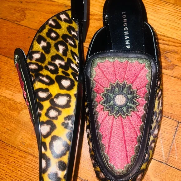 Longchamp Women's leather&amp; ponyhair Leopard Loafer/ Slides RARE - Made in Italy
