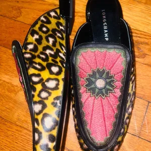Longchamp Women's leather&amp; ponyhair Leopard Loafer/ Slides RARE - Made in Italy