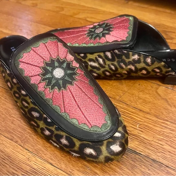 Longchamp Women's leather&amp; ponyhair Leopard Loafer/ Slides RARE - Made in Italy